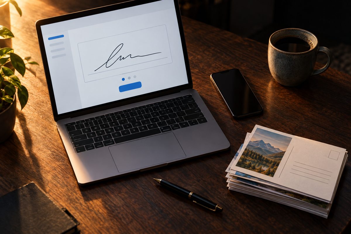 Laptop, phone and direct-mail reply cards on a desk